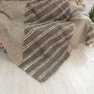 May include: A gray and white striped wool throw blanket with fringe edges. The blanket is draped over a couch.