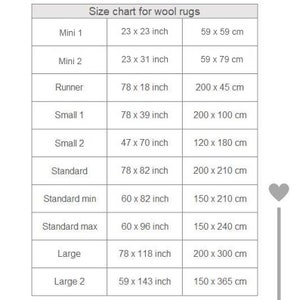 May include: Size chart for wool rugs in inches and centimeters. The chart lists different rug sizes, including Mini 1, Mini 2, Runner, Small 1, Small 2, Standard, Standard min, Standard max, Large, and Large 2. Each size is listed with its corresponding dimensions in inches and centimeters.