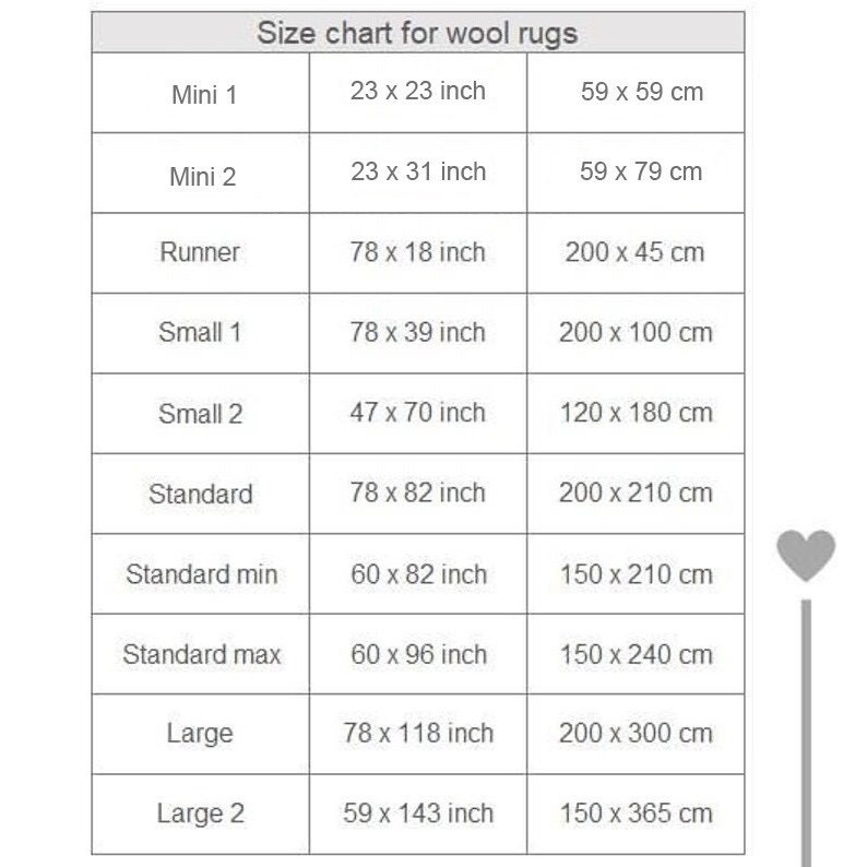 May include: Size chart for wool rugs in inches and centimeters. The chart lists different rug sizes, including Mini 1, Mini 2, Runner, Small 1, Small 2, Standard, Standard min, Standard max, Large, and Large 2. Each size is listed with its corresponding dimensions in inches and centimeters.