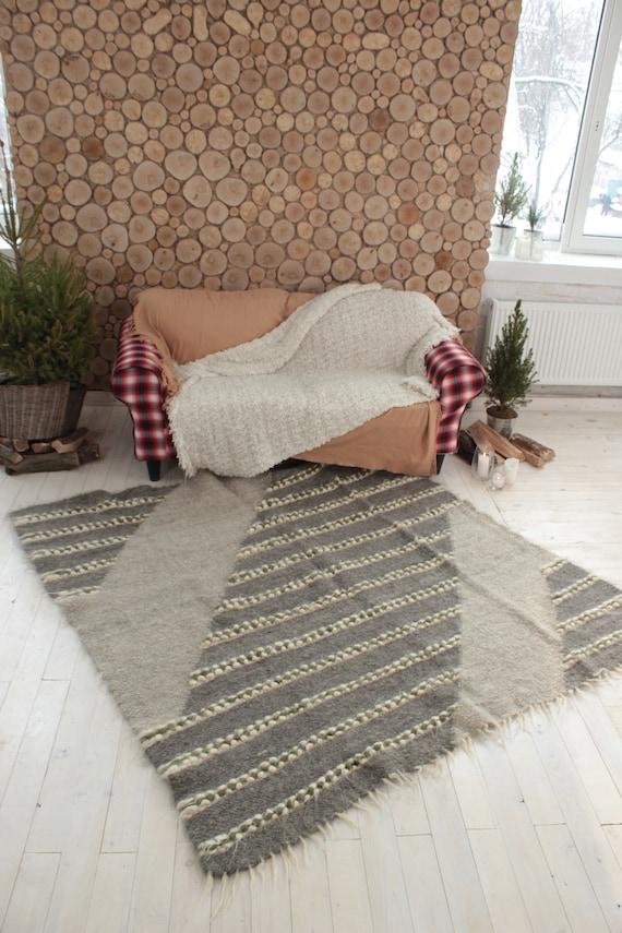 Handwoven pure wool rugs, Swedish Gray Wool living room modern rug, Scandinavian rug runner, Handmade woven carpet, Sheep wool rug rag