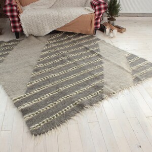 May include: A gray and white striped wool rug with a geometric pattern. The rug has a fringed edge and is laid out on a white wood floor.