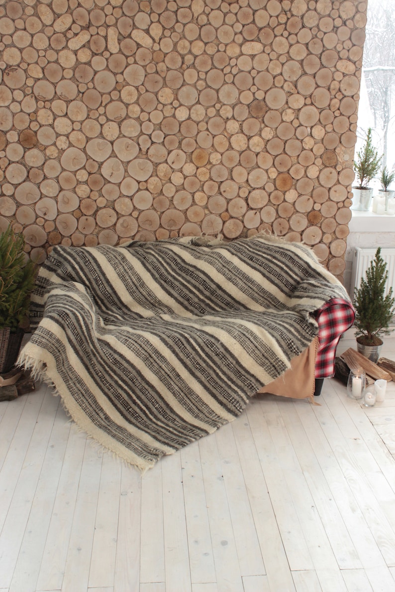 Throw Blanket Grey Heavy Queen Size Natural 100 Wool Plaid Etsy