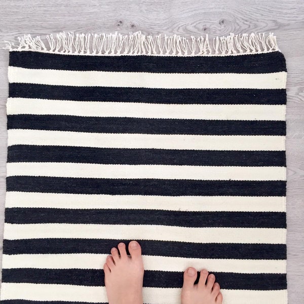 100% wool Black and white Scandinavian rugs Kitchen rug runner Handwoven Floor Rug Striped Handmade Entryway Area rug Welcome Door Mat