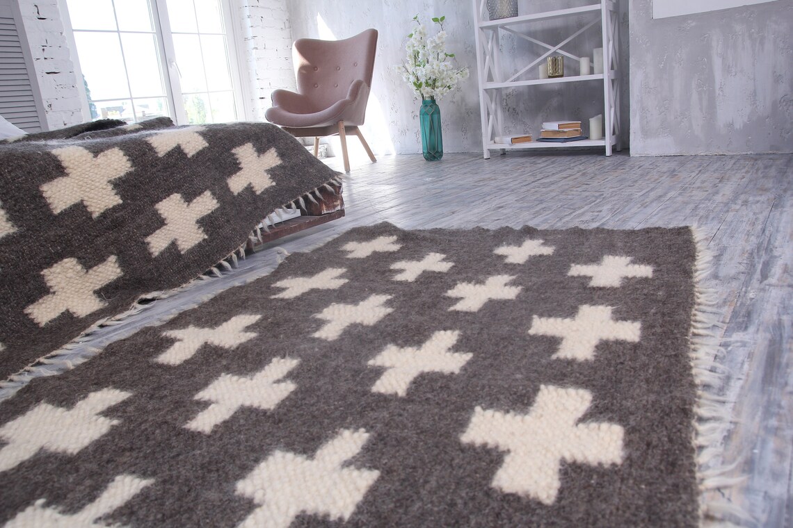 Swiss Wool Rug Handwoven Large Gray Woven Carpet Mid-century - Etsy