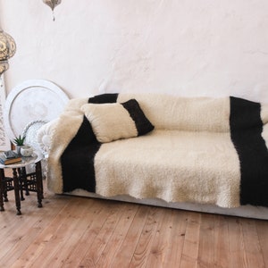 Fluffy Wool Throw Warm Blanket thick, Woven Plaid, Mid century blanket twin, Stylish decorative blanket outdoor, 100% wool blanket wedding