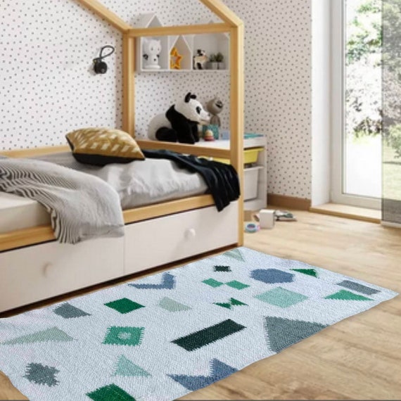 Swedish Green Wool living room modern rug, Scandinavian rug runner Handwoven pure wool rugs, Handmade woven carpet, Sheep wool rug rag