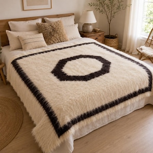 Light grey soft wool throw blanket Fluffy plaid Geometric pattern queen size bed coverlet Natural home decor Housearming Gift 100% wool rug