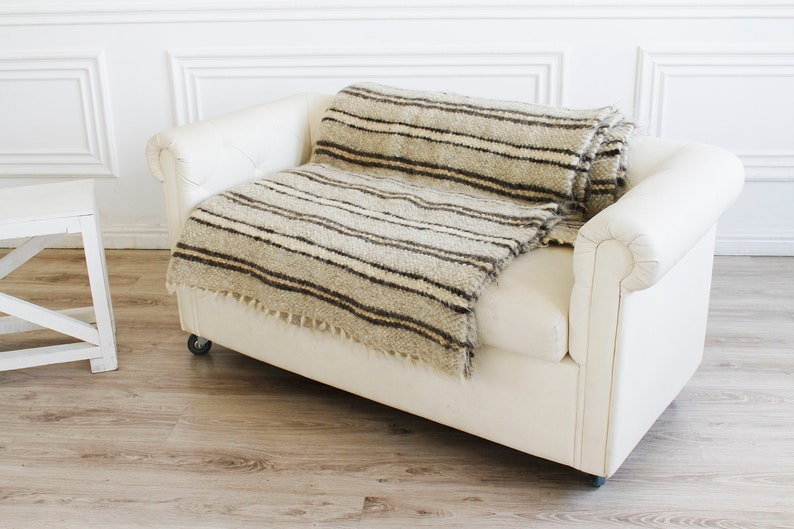 Striped Grey Wool Blanket Queen Size Organic Bespread Sheep Etsy