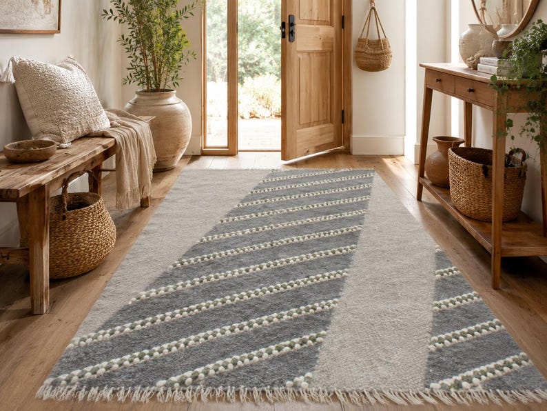 Handwoven pure wool rugs, Swedish Gray Wool living room modern rug, Scandinavian rug runner, Handmade woven carpet, Sheep wool rug rag image 14