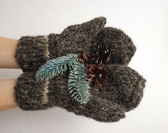 Gray Hand Knitted Wool Gloves Soft 100% Sheep Wool Mittens Pure Women Handwear Winter Patterned Arm Warmers Gloves Knitwear, Womens mittens