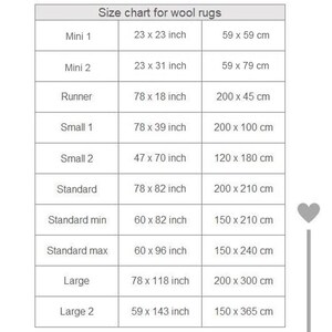 May include: Size chart for wool rugs in inches and centimeters. The chart lists different rug sizes, including Mini 1, Mini 2, Runner, Small 1, Small 2, Standard, Standard min, Standard max, Large, and Large 2. Each size is listed with its corresponding dimensions in inches and centimeters.