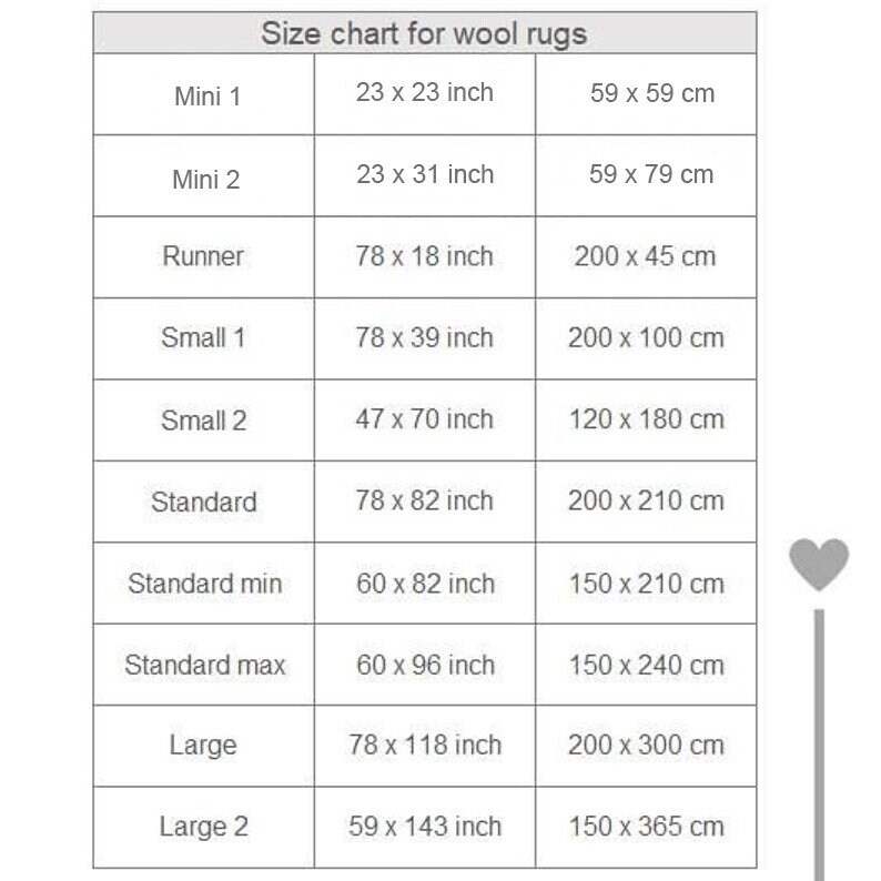 May include: Size chart for wool rugs in inches and centimeters. The chart lists different rug sizes, including Mini 1, Mini 2, Runner, Small 1, Small 2, Standard, Standard min, Standard max, Large, and Large 2. Each size is listed with its corresponding dimensions in inches and centimeters.