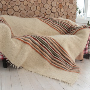 May include: A white and cream striped throw blanket with a fringe edge, draped over a couch with a red and white plaid pattern. The couch is in front of a wall made of stacked wooden rounds.