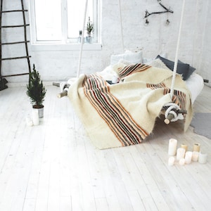 Rainbow wool blanket throw Queen Size Wool Blanket Striped Orange Pattern Heavy Large Plaid Bedspread Cover Organic king blanket 100% wool