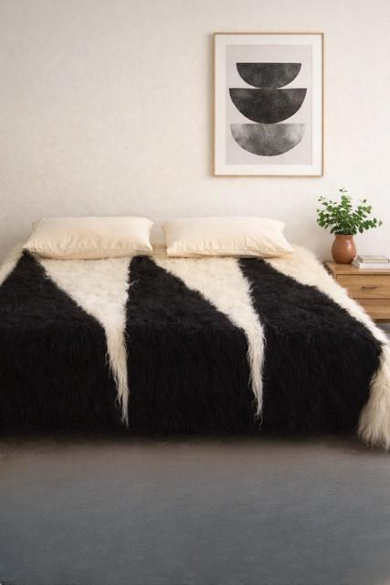 Black white bulky blanket, Wool blanket queen, Outdoor berber warm blanket throw Thick Woolen scandinavian decorative plaid, Wool quilt full - 78x39" (100*200 cm)