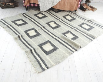 Swedish Gray Thick Wool rug for living room Scandinavian rug runner Handwoven pure wool rugs, Handmade woven carpet Cozy Sheep wool rug rag