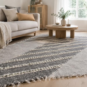 Handwoven pure wool rugs, Swedish Gray Wool living room modern rug, Scandinavian rug runner, Handmade woven carpet, Sheep wool rug rag image 3