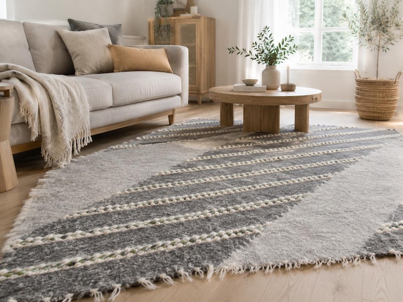 Handwoven pure wool rugs, Swedish Gray Wool living room modern rug, Scandinavian rug runner, Handmade woven carpet, Sheep wool rug rag image 3