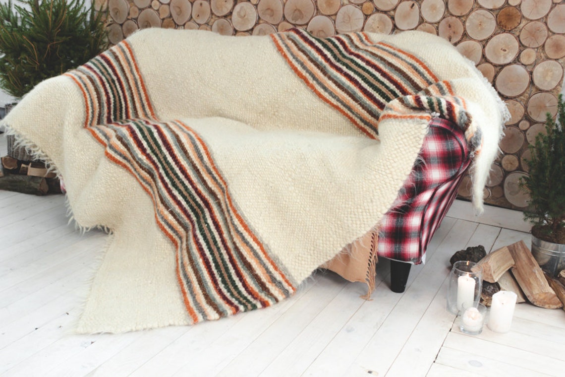 Rainbow Wool Blanket Throw Queen Size Wool Blanket Striped Etsy