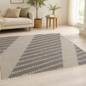 Handwoven pure wool rugs, Swedish Gray Wool living room modern rug, Scandinavian rug runner, Handmade woven carpet, Sheep wool rug rag image 1