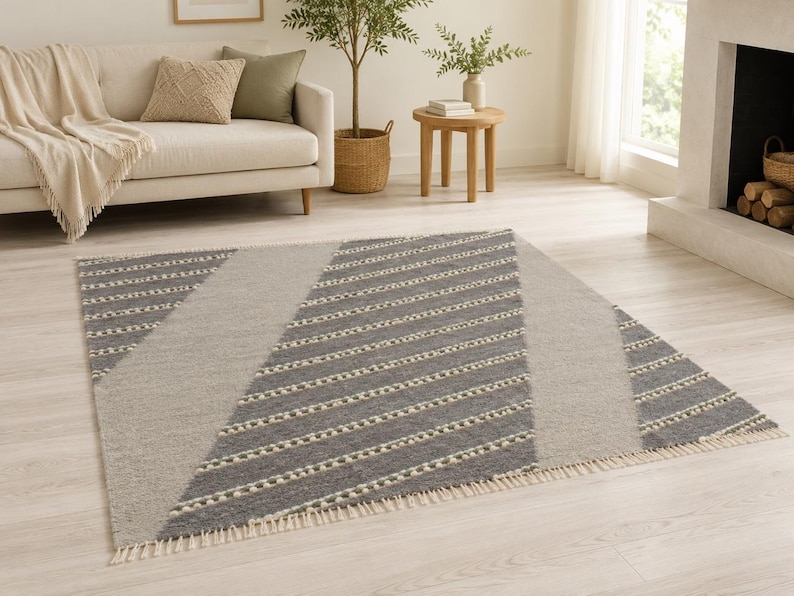 Handwoven pure wool rugs, Swedish Gray Wool living room modern rug, Scandinavian rug runner, Handmade woven carpet, Sheep wool rug rag image 1