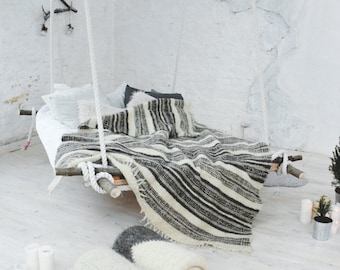 Grande manta de lana pesada hecha a mano nueva para salón, Gruesa nórdico manta de tiro del sofá Colcha marrón oriental acento Manta pequeña