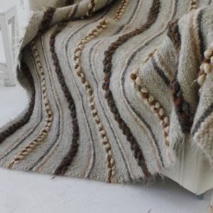 Puede incluir: Una manta de lana a rayas con tejido texturizado y flecos. La manta es de color natural beige, marrón y gris.