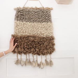 Wall tapestry hanging with fringes, Weaving wall hanging, Small Wool Hanging Tapestry, Beige Woven Wall Hanging, Wool Rug Wall Tapestry