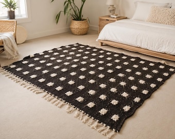 Black Woven Scandinavian handmade rug, Rugs for living room, Mid century modern area rug wool  berber, 100% Wool Carpet Floor rugs