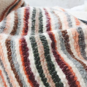 May include: A soft, striped throw blanket with a variety of colors, including white, gray, brown, red, and green. The blanket is made of a fuzzy, textured material.