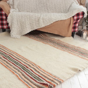 May include: A white, fluffy rug with multi-colored stripes in shades of orange, green, and brown. The rug is laid out on a white wood floor.