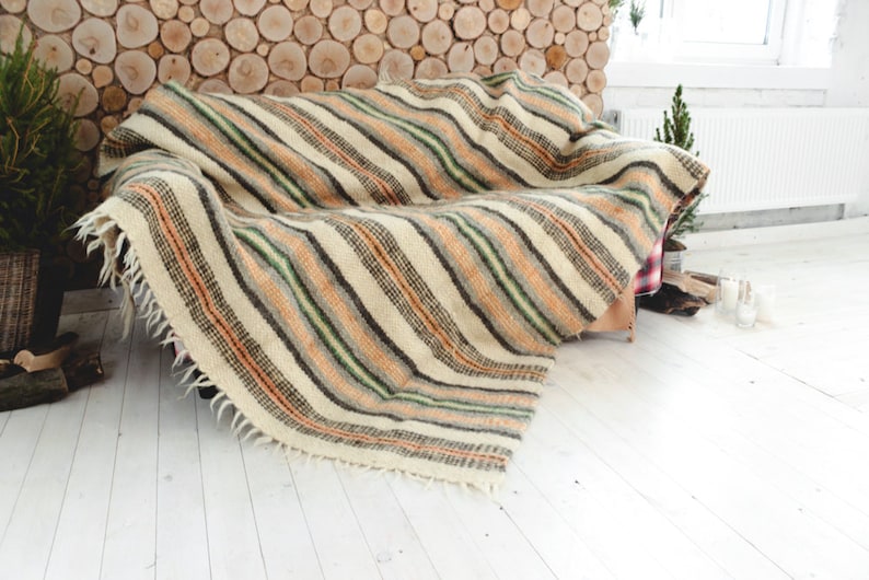 Striped wool blanket Queen size bedspread California king Etsy