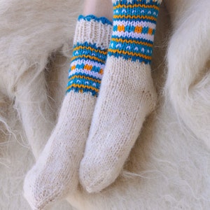 Hand Knitted pure sheep wool socks for women, Knit Winter Socks Therapeutical, Scandinavian pattern socks, Wool camping socks with patterns