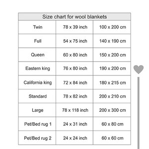May include: Size chart for wool blankets in inches and centimetres. The chart lists different sizes, including twin, full, queen, eastern king, California king, standard, large, and pet/bed rug sizes. Each size is listed with its corresponding measurements in inches and centimetres.