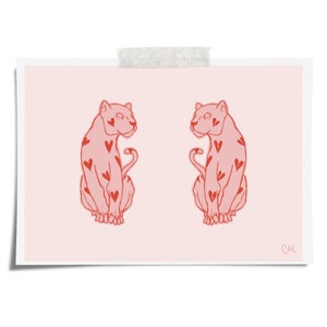 Red Love Heart Print, Pink Leopard Tattoo Flash Sheet, Twin Flames, Animal, A4 A5 A6