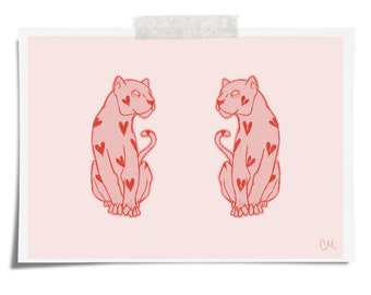 Red Love Heart Print, Pink Leopard Tattoo Flash Sheet, Twin Flames, Animal, A4 A5 A6