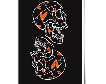 Traditional skull print, heart broken heart motif pattern, lovers print, A4 A5 A6