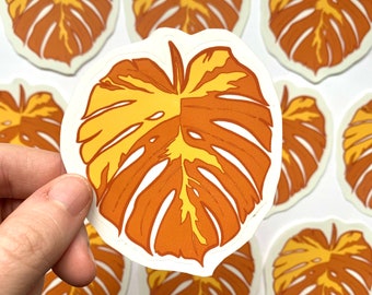 Orange and Yellow Monstera Leaf Clear Vinyl Sticker 6.9x8 cm