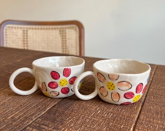 Set of 2, Handbuilt Stoneware Flowers Cups With Handle, Hand