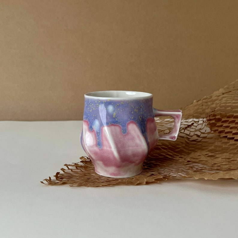 Handmade Porcelain Mug with Handle, Microwave Safe Coffee Cup, Handmade Pottery Mug, Studio Pottery Mug, Unique Handmade Mug Pink-Purple