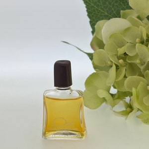 May include: A small, clear glass perfume bottle with a dark brown cap, filled with a golden liquid. The bottle has a unique, curved shape. A cluster of light green flowers and leaves are in the background.