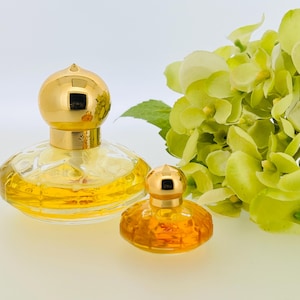 Könnte beinhalten: Zwei Glasparfümflakons mit goldenen Kappen und gelber Flüssigkeit. Die größere Flasche hat einen runden, strukturierten Boden. Die kleinere Flasche hat einen quadratischen Boden. Beide Flaschen stehen auf einer weißen Oberfläche mit einem Strauß grüner Blumen im Hintergrund.