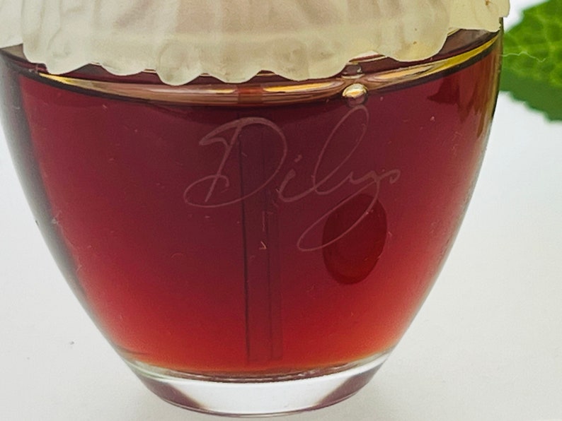 Może przedstawiać: Przezroczysta szklana butelka ze złotą obw&oacute;dką i czerwonym płynem w środku. Na butelce wygrawerowano słowo "Dilyo".