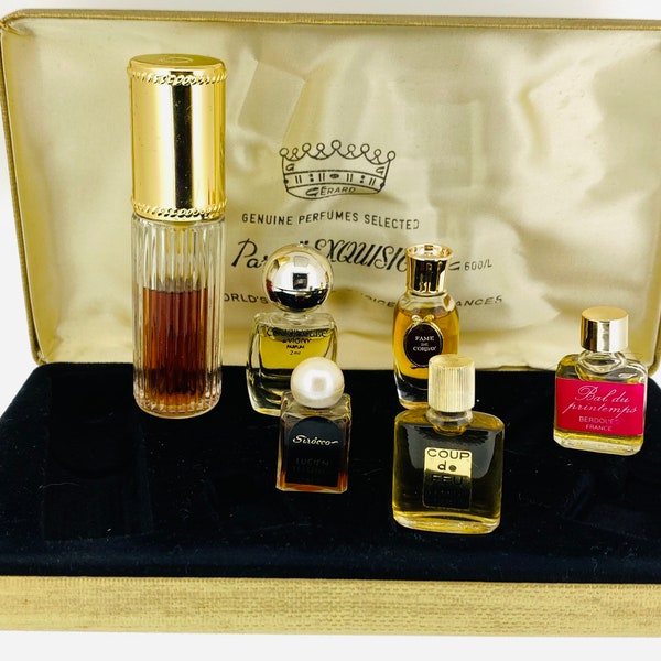 Set 6 miniature perfume Paris "Exquisit",Toujours Moi Dana,Sirôcco Lucien Lelong ,Coup de Feu l Marquay,Bal du Printemps Berdoues