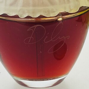 Może przedstawiać: Przezroczysta szklana butelka ze złotą obw&oacute;dką i czerwonym płynem w środku. Na butelce wygrawerowano słowo "Dilyo".