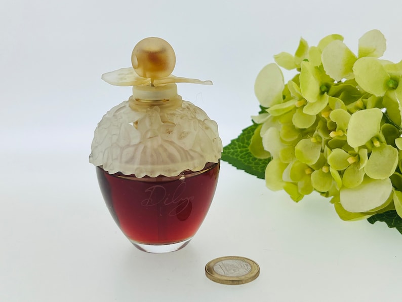 Może przedstawiać: Przezroczysta szklana butelka z białym, kwiatowym wzorem i złotą nakrętką. Butelka jest wypełniona ciemnoczerwonym płynem, a na przodzie wygrawerowane jest słowo "Dilis".