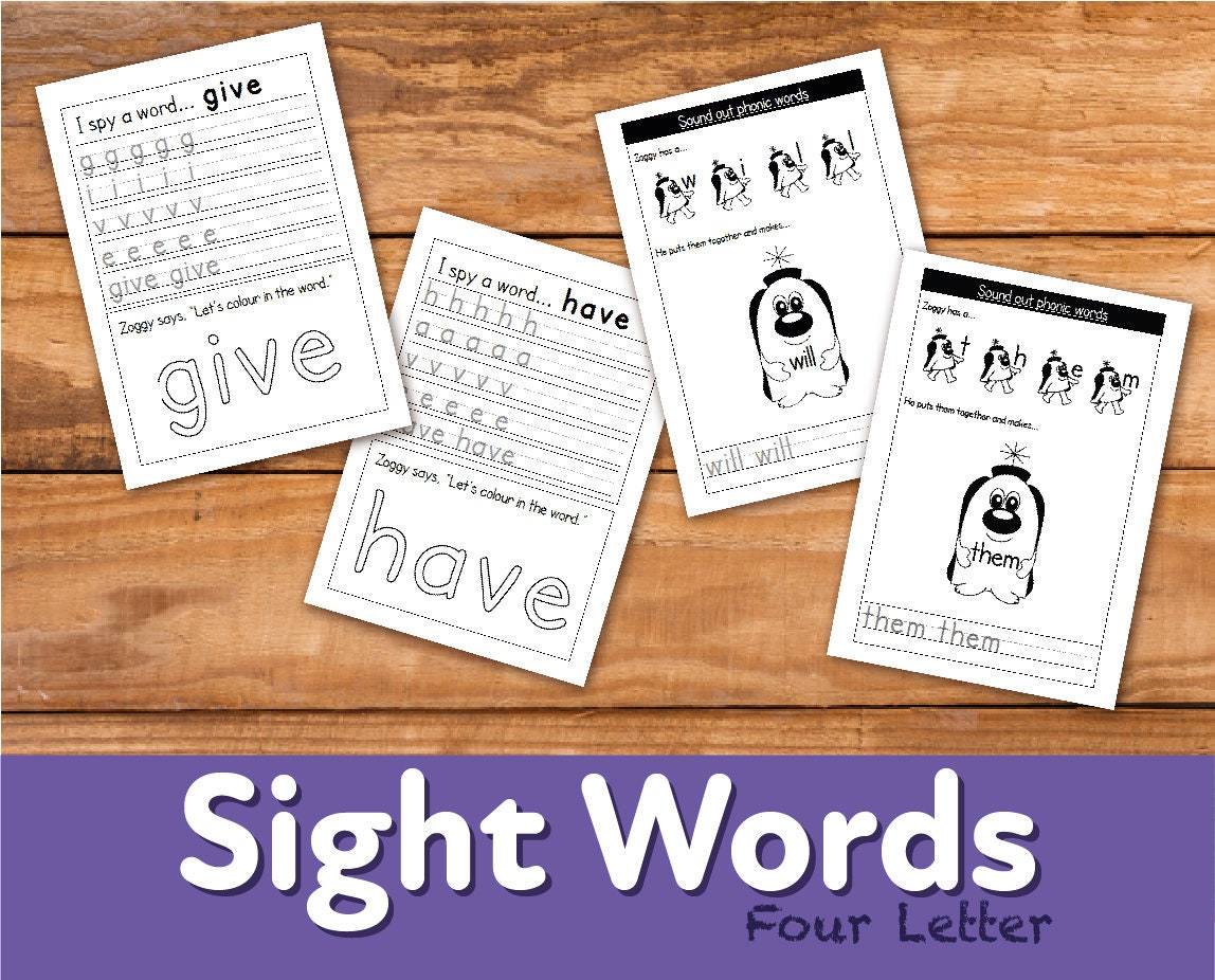 four letter sight words worksheet 4 7 years printable etsy