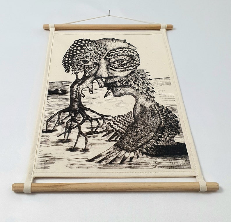 May include: Black and white illustration of a tree with a face and a bird with a face. The tree has roots and the bird has wings. The illustration is on a white canvas with a wooden frame.