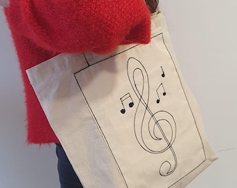Cotton bag, music bag, shoulder bag, fabric bag, music note bag, gift bag, eco bag, music motif, treble clef, tote bag, natural bag