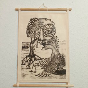 May include: A black and white illustration of a tree with a human face and a bird with its wings spread. The tree has roots and branches that resemble a human hand. The bird is perched on the tree's branches.